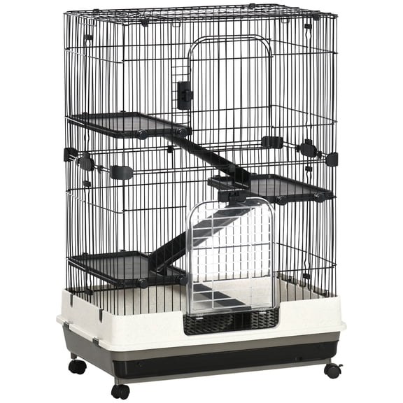 PawHut 4-Level Small Animal Cage Rabbit Hutch with Wheels, Removable Tray, Platform and Ramp for Bunny, Chinchillas, Ferret, Black, 32L x 20.8W x 45H inches