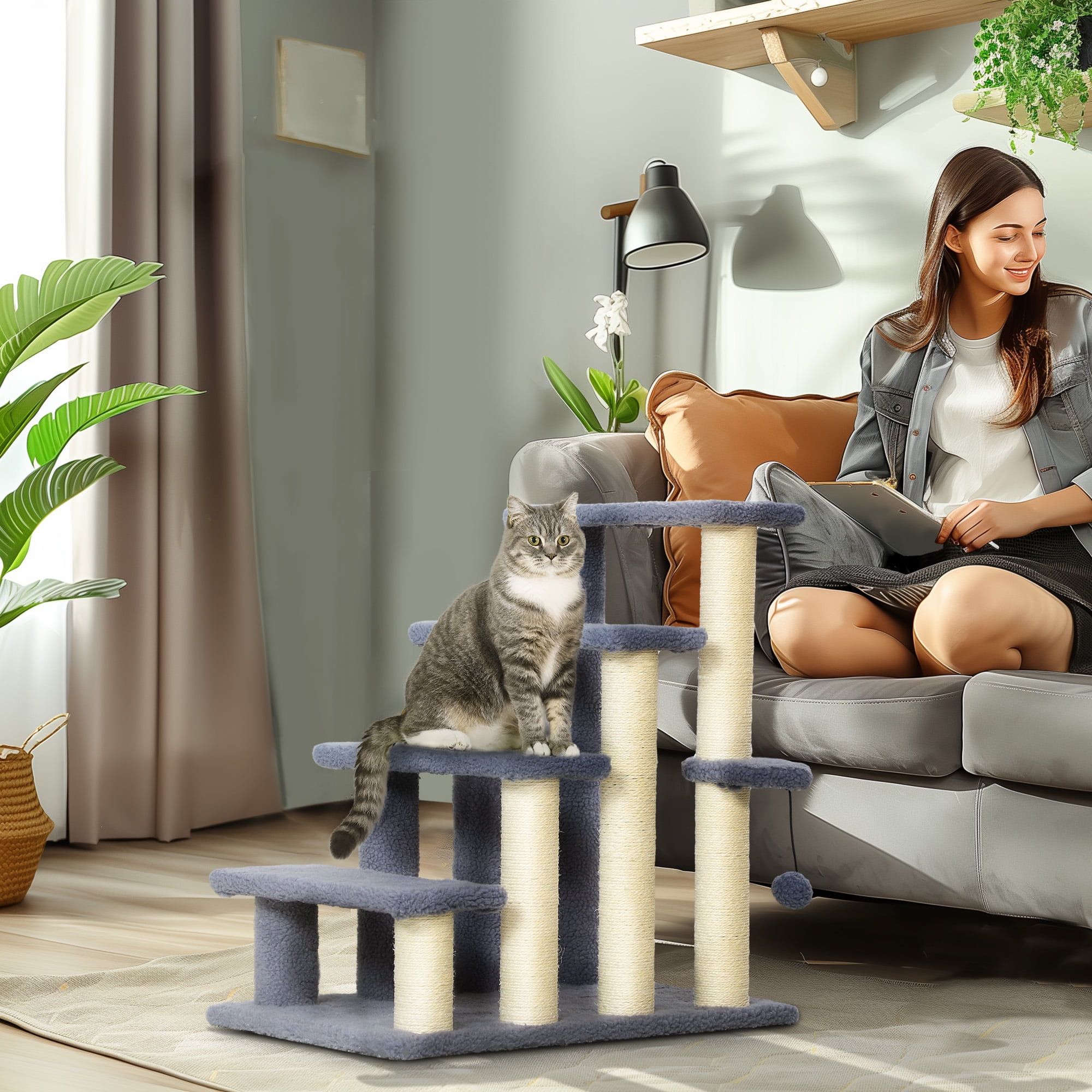 Gray 4-Level Cat Steps with Scratching Posts and Play Ball