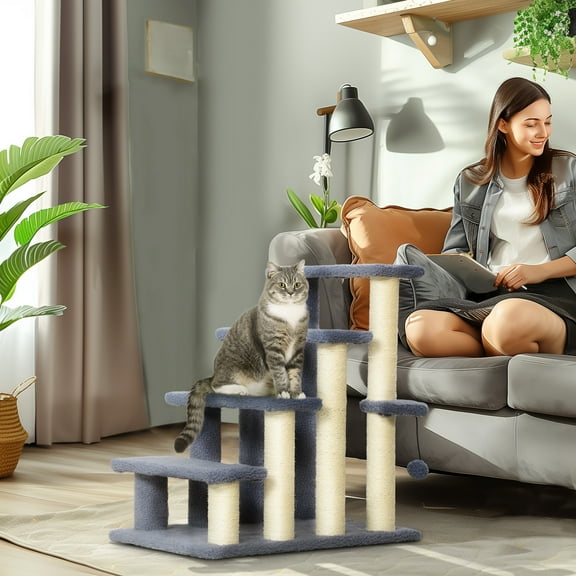 PawHut 4 Levels Cat Steps with Scratching Posts for High Bed, Sofa, Gray