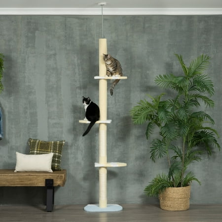 PawHut 4-Tier Tall Cat Tower, Floor to Ceiling Cat Tree, Height Adjustable 87 - 103 Inch with Plush Platforms, Sisal Scratching Posts, Ball, Yellow