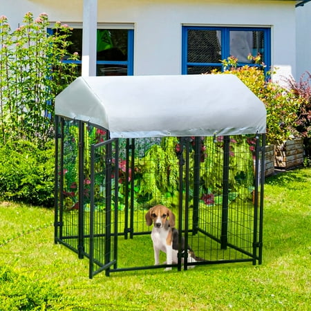 PawHut 4' x 4' x 4.5' Large Outdoor Dog Kennel Galvanized Steel Fence with UV-Resistant Oxford Cloth Roof & Secure Lock
