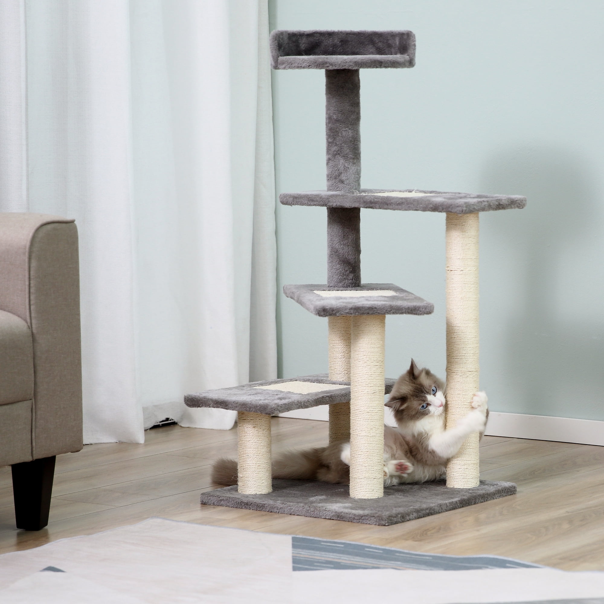 Gray 5-Level Sisal Cat Tree with Plush Perches
