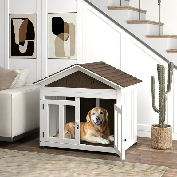 PawHut 40"L Dog House Outdoor Indoor, Wooden Dog Kennel for Small, Medium, Large Dogs, with Air Vents & Elevated Removable Floor, Magnetic Doors