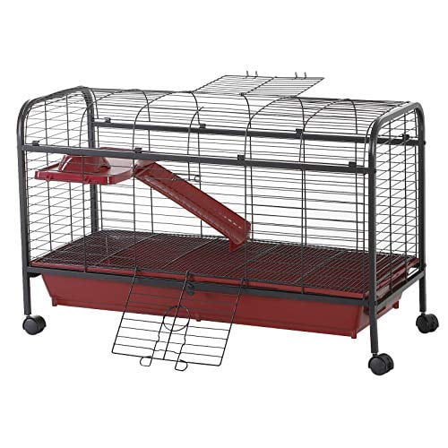Pawhut Metal Wire Small Animal Pet Cage with Wheels, Red & Black, 42”