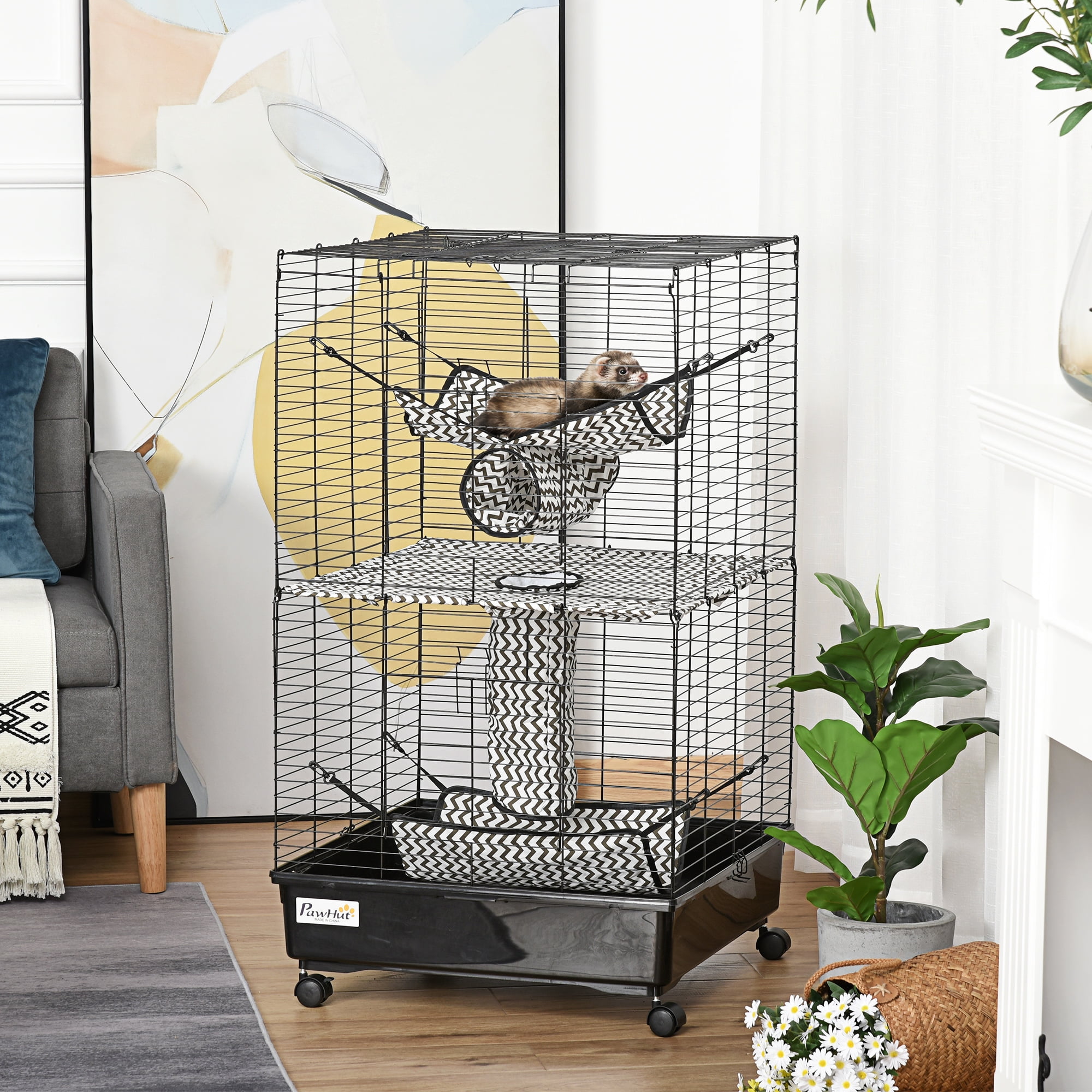 PawHut 42" Black Metal Ferret Cage with Hammocks and Tunnels