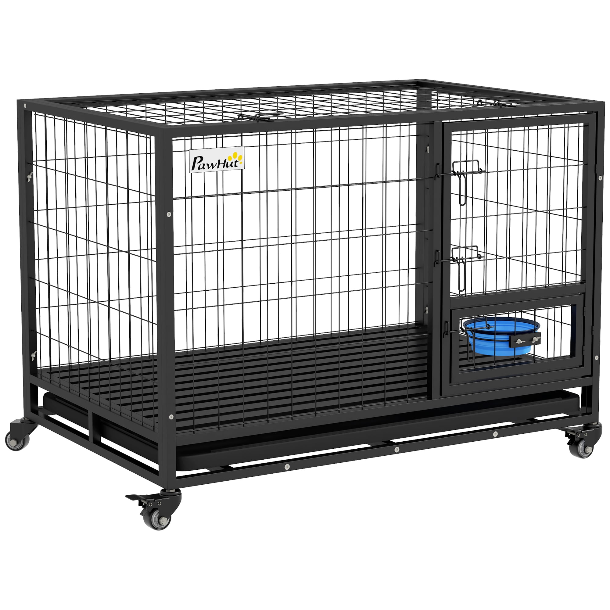 PawHut 43" Dog Crate with Bowl Holder, Wheels for Large/XL Dogs, Black