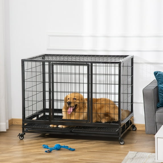 PawHut 43" Heavy Duty Dog Crate, Indestructible Dog Cage Kennel with Removable Tray, Lockable Wheels and Double Door, for Large and Extra Large, Black