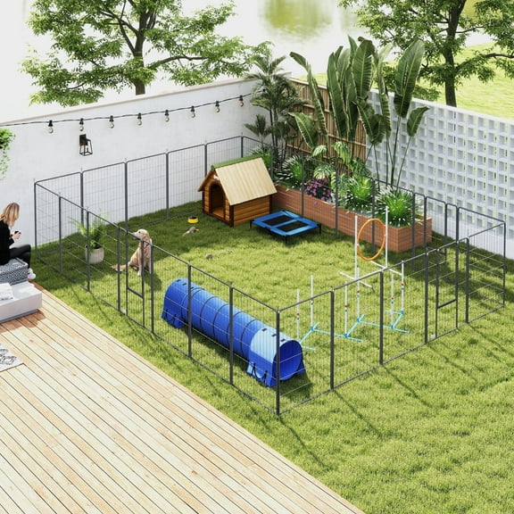 PawHut 44.5" H Dog Playpen for Indoor and Outdoor, 24 Panels Puppy Playpen with Lockable Door, DIY Shape Pet Exercise Fence for Multiple Dogs, Black