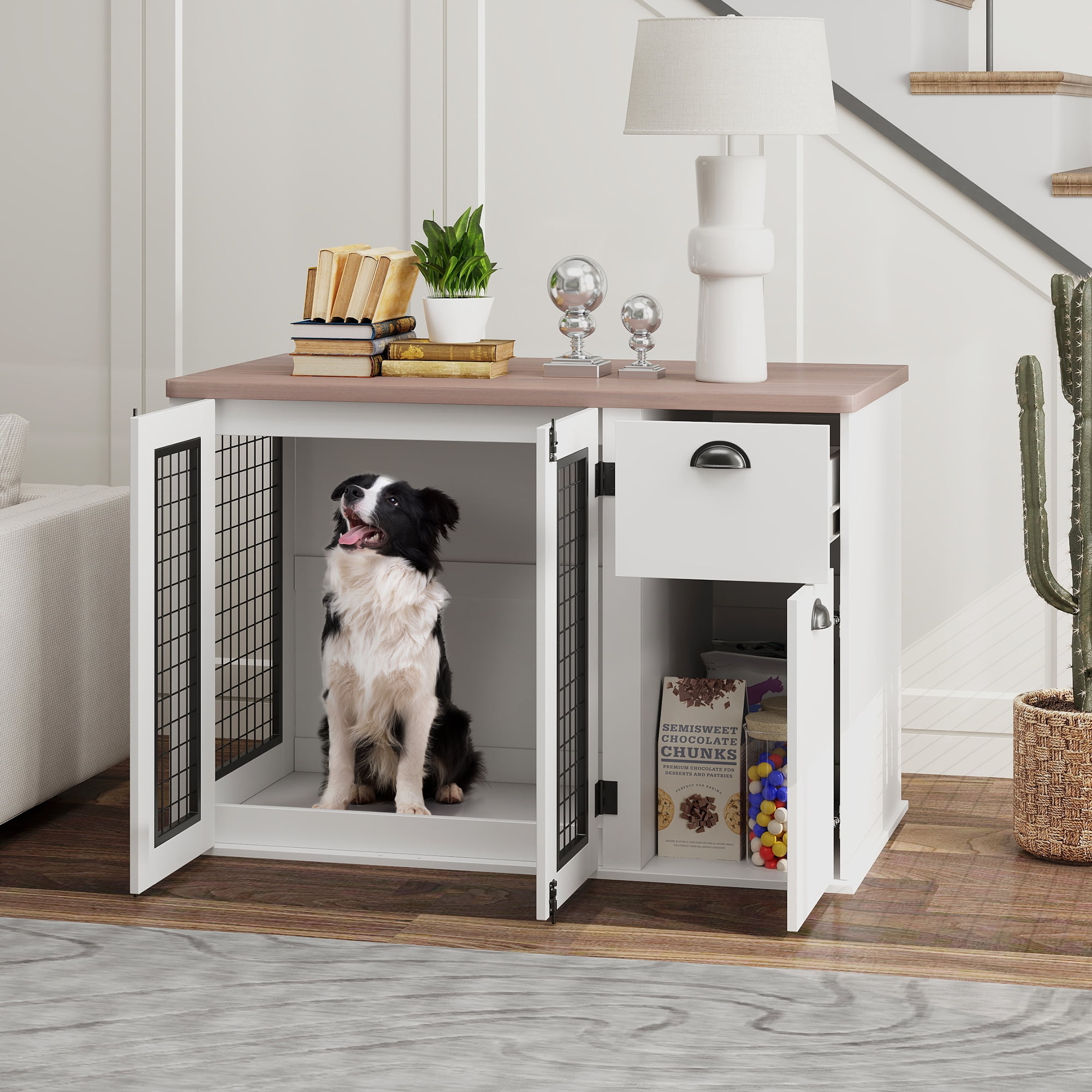 White Engineered Wood and Steel Dog Crate Table with Storage