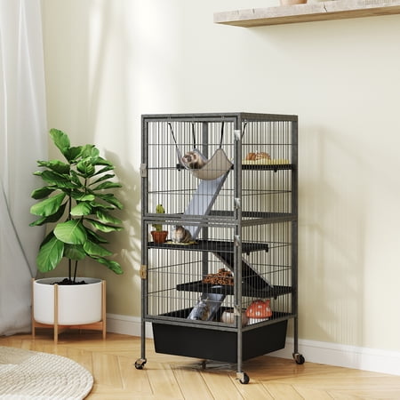 PawHut 45" Small Animal Cage, 4-Tier Rolling Ferret Cage with 6" Deep Slide-Out Tray, Platforms, Hammock, for Rabbit, Ferrets, Chinchillas, Gray