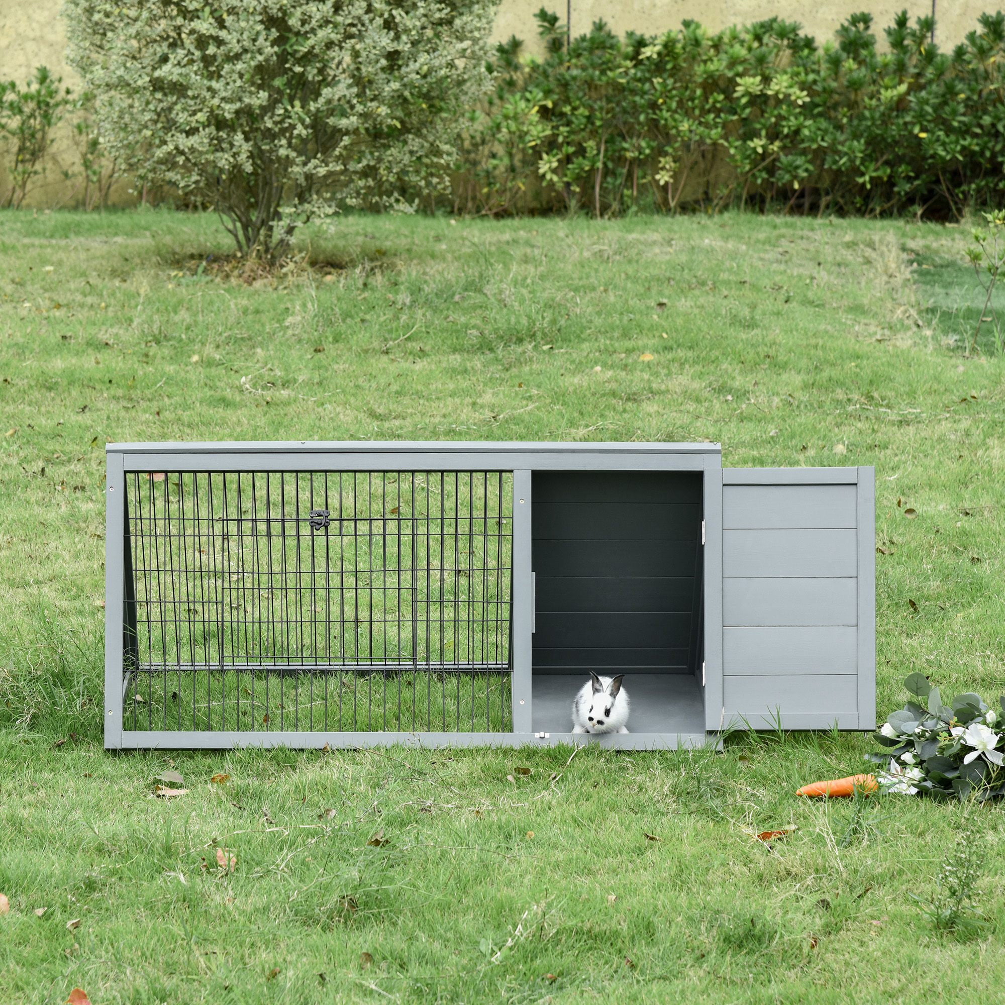 Gray Wooden A-Frame Outdoor Small Animal Hutch with Wire Enclosure
