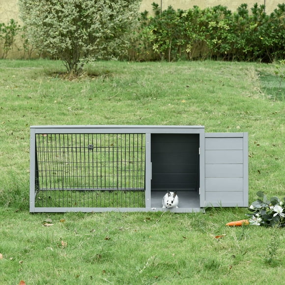 PawHut 46" x 24" Wooden A-Frame Outdoor Rabbit Cage Small Animal Hutch with Outside Run & Ventilating Wire, Gray