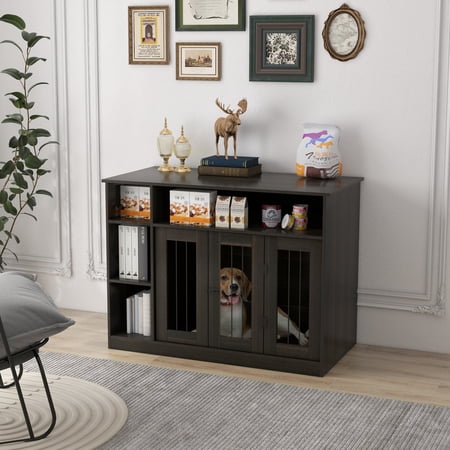PawHut Dog Crate Furniture with Storage Space, Dog Kennel with Lockable Door, Pet Cage for Large Medium Dogs, 47" x 23.5" x 35", Brown