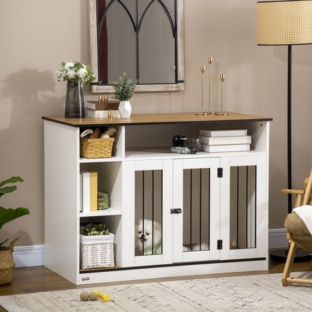 PawHut 47" Dog Crate Furniture with Storage, for Large Medium Dogs, White