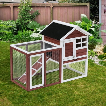 PawHut 48" Weatherproof Wooden Rabbit Hutch with Slant Roof & Outdoor Run, Brown