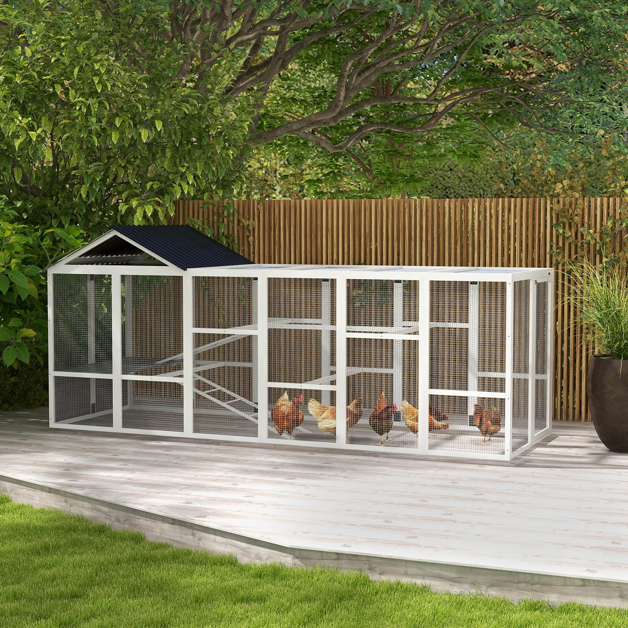 Gray Fir Wood Chicken Coop Run with Perches and Storage