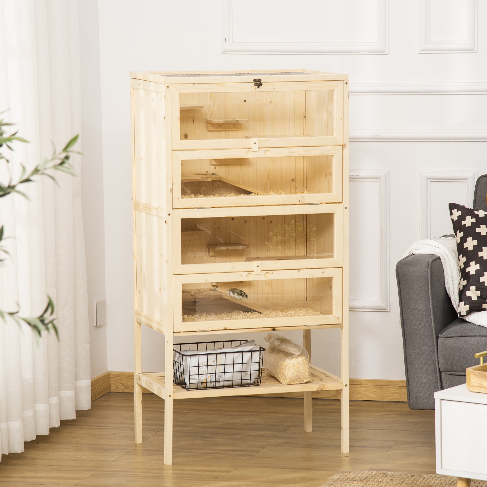 Natural Wood 5-Tier Hamster Cage with Glass Front and Storage Shelf