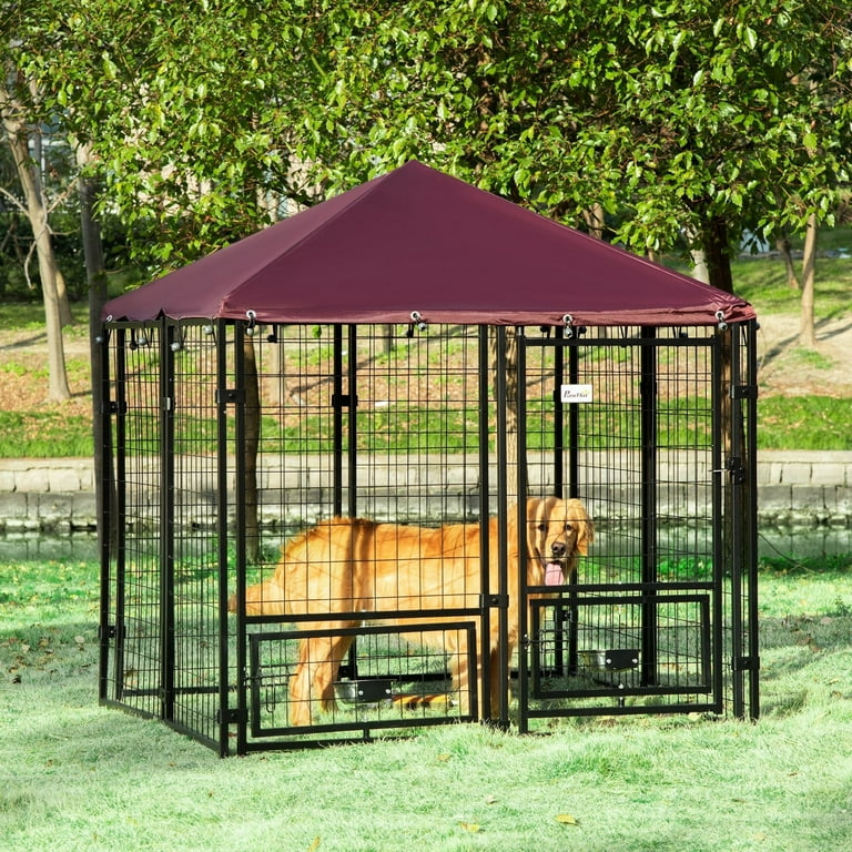 PawHut Large Outdoor Dog Kennel with Roof, Rotating Bowl