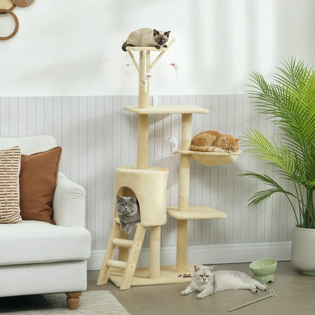 PawHut 53" Plush Sturdy Interactive Cat Condo Tower Scratching Post Activity Tree House - Beige