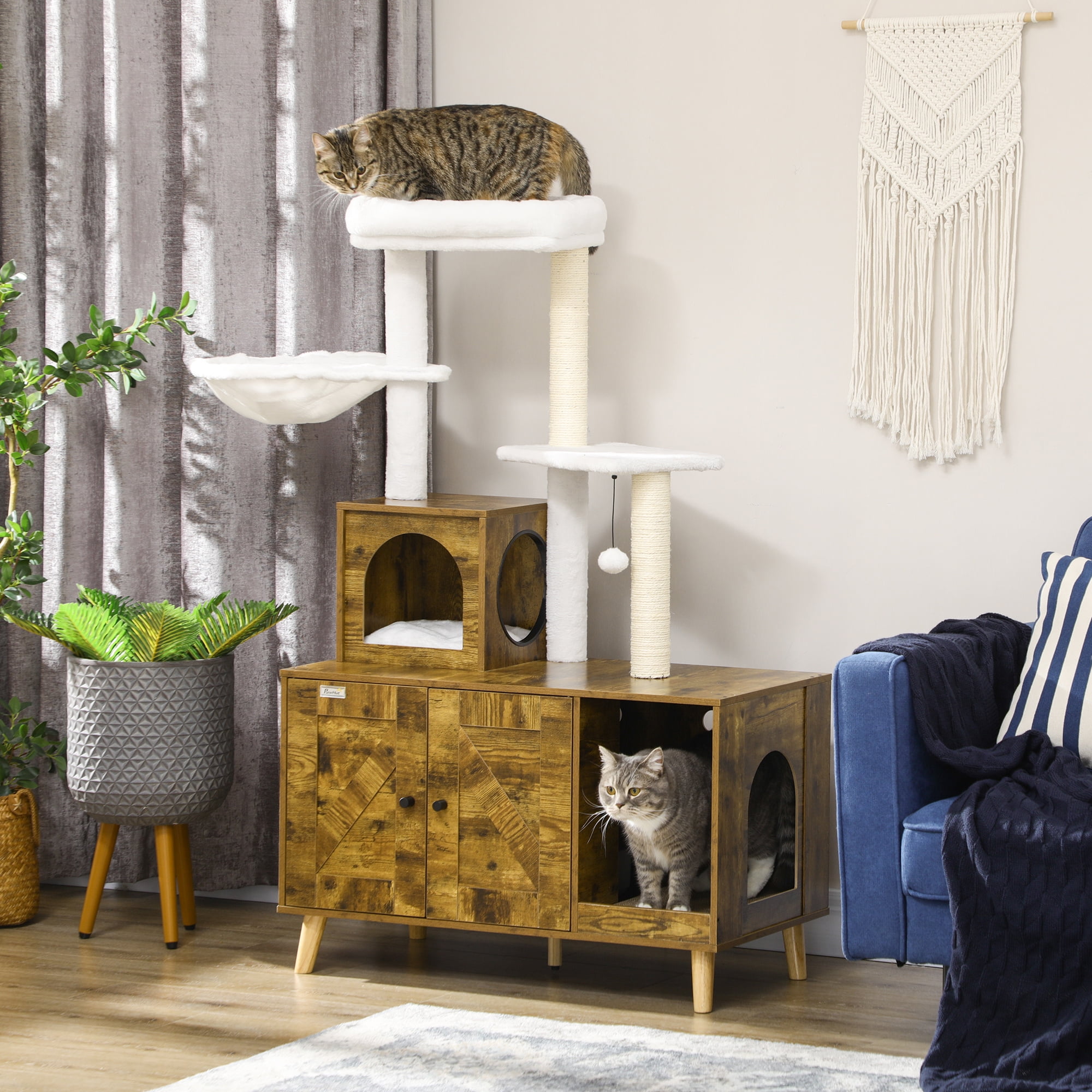 Rustic Brown Wooden Cat Tree with Litter Box Enclosure and Sisal Posts