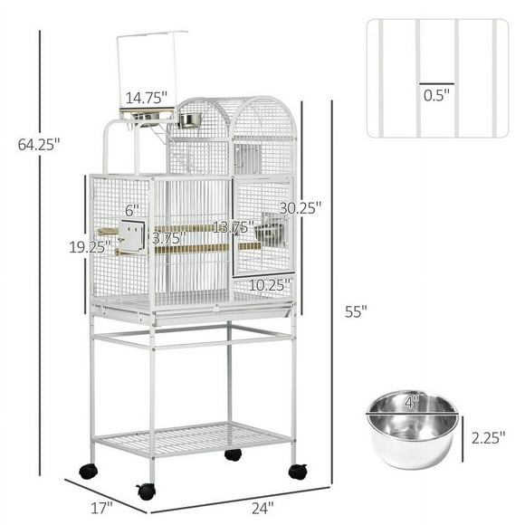 PawHut 55" Large Parrot Cage with Toy Hooks Bird Perch, Tray, Food Cups, Rolling Stand, Bird Cage for Cockatiels, Parakeets, Lovebirds