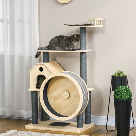 PawHut 56.25" Luxury Pine Wood Cat Tree Activity Condo w/ Sisal Scratching Posts