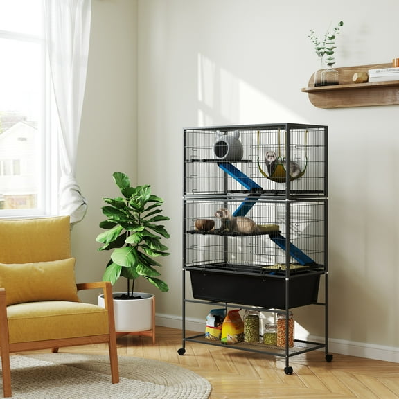 PawHut 59" 5-Level Small Animal Cage, Rolling Ferret Chinchilla Cage with Slide Out 6.3" Deep Tray, Non-Slip Cloth Covered Ramps, Hammock, Dark Gray