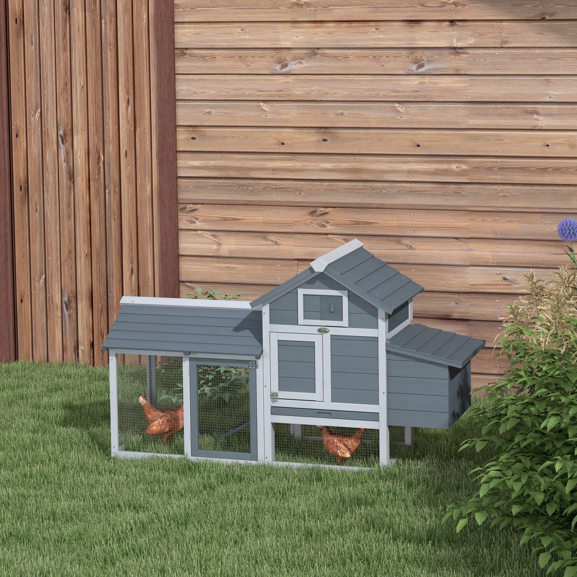 Gray Wooden Chicken Coop with Nesting Box and Removable Tray