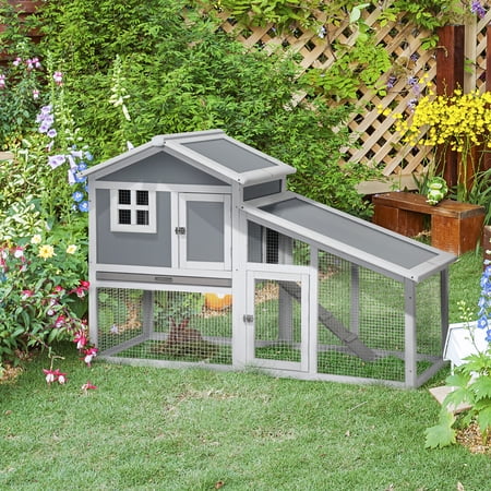 PawHut 59" Wooden Rabbit Hutch, 2 Tier Pet Playpen Bunny House Enclosure with Sunlight Panel Roof, Slide-out Tray for Rabbits and Small Animals, Gray
