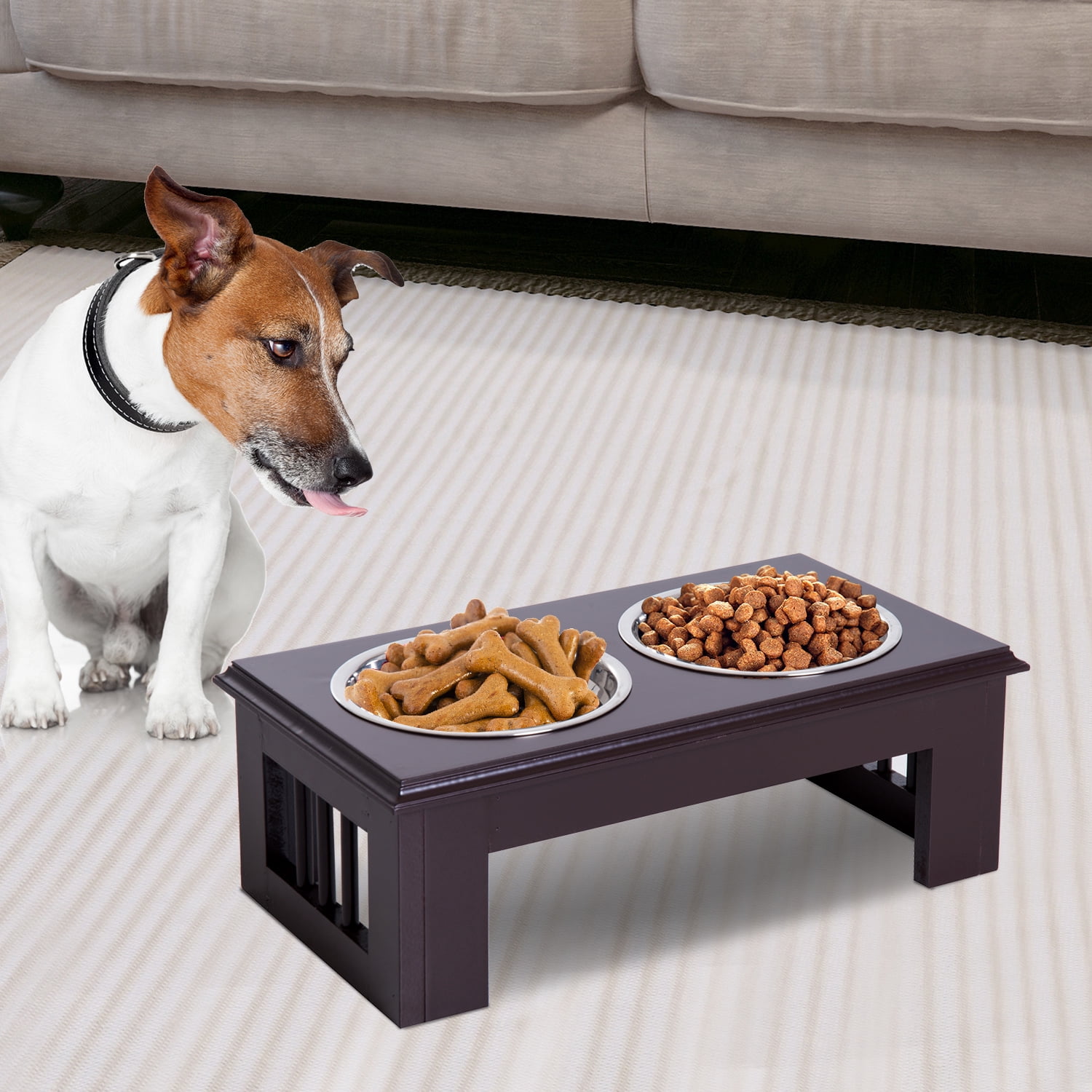 PawHut 6" Height Small Puppy Dog Feeding Station for Messy Pets, Stainless Steel Elevated Dog Bowls with Modern Wooden Frame, Dog Food Stand Pet Feeding Station, Dark Brown