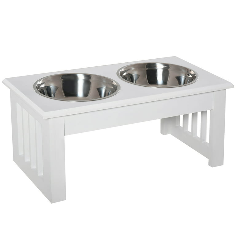 Cat Dog Food Feeding Stand Station Stainless Double Raised Bowls Wooden  Non-slip