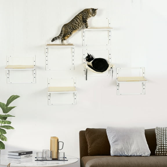 PawHut 6-pc Cat Wall Shelves with Cat Hammock, Wall-Mounted Cat Tree