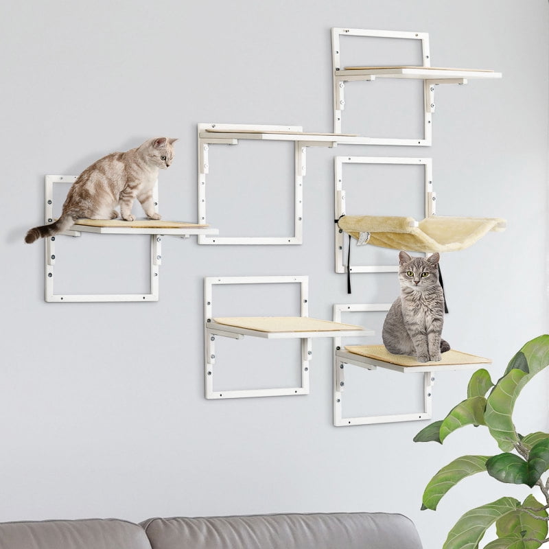 Image showcasing PawHut 6-pc Modern Cat Wall Shelves for Indoor Cats, Height Adjustable ...