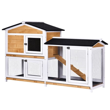 PawHut 2-tier Wood Rabbit Hutch Backyard Cage Small Animal House with Entrance Ramp, Lockable Doors, & Large Outdoor Run