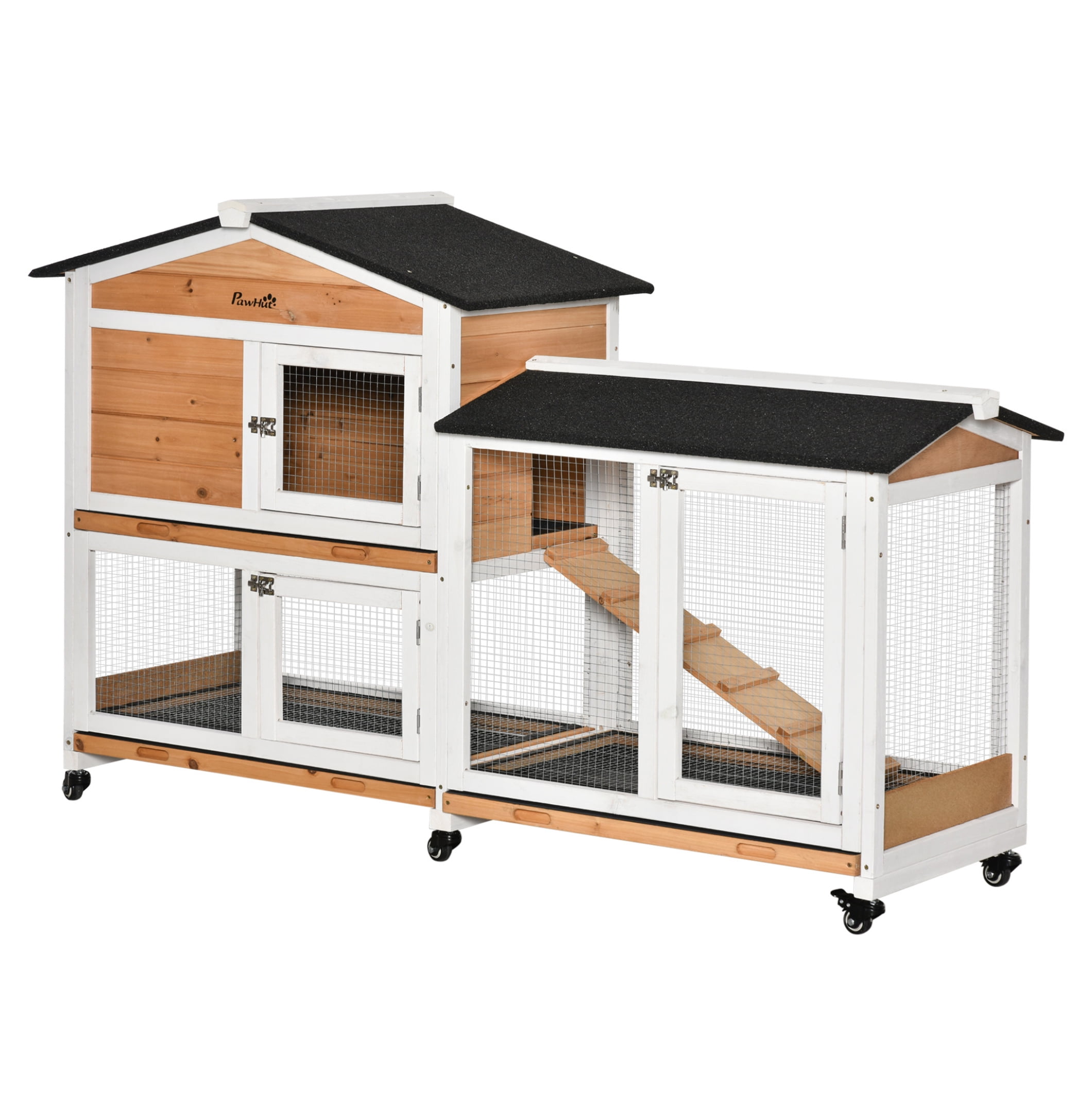 PawHut 62" Rabbit Hutch, Wooden Bunny Hutch, Guinea Pig Cage, Small Animal Enclosure with Wheels, Run Area, Removable Tray, Asphalt Roof, Lockable Doors and Ramp, Nature Wood