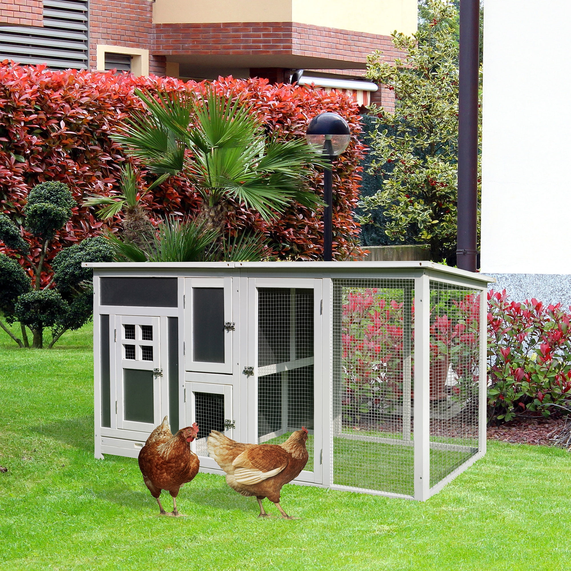 White and Gray Wooden Chicken Coop with Run Box