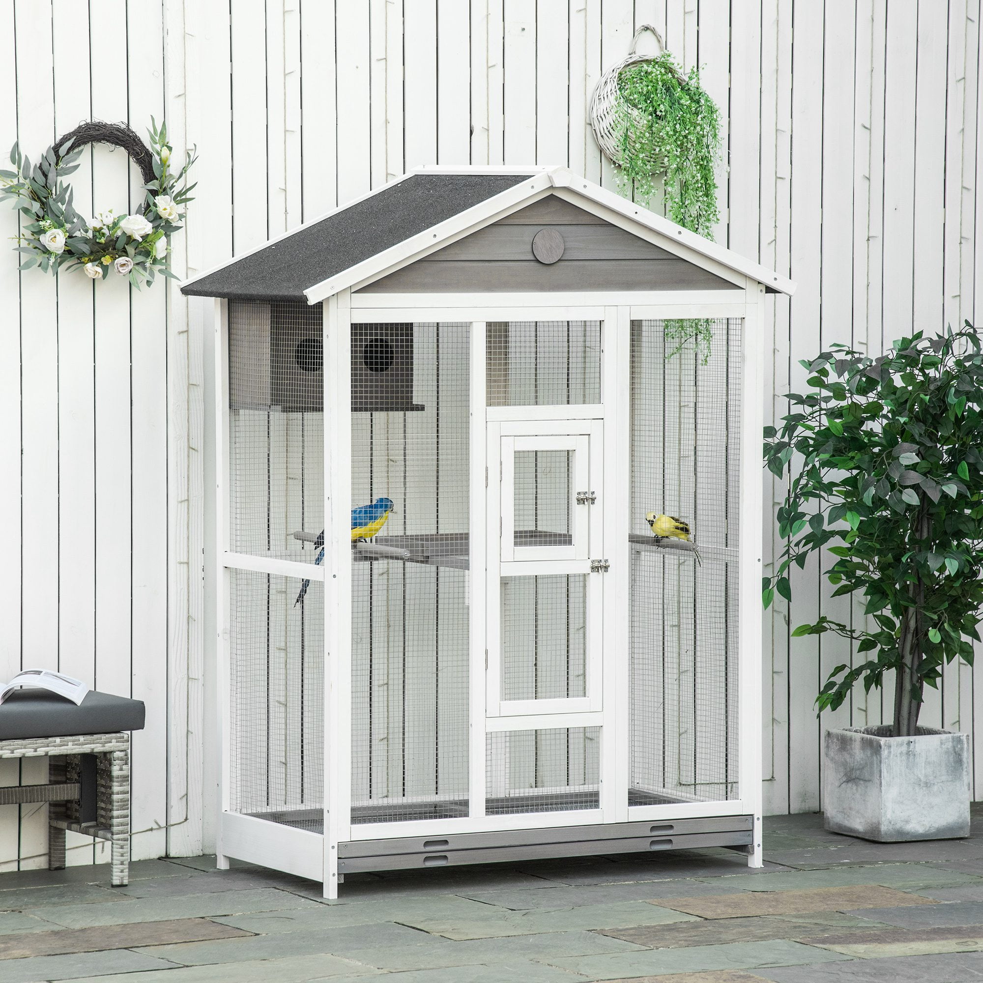 PawHut Big Play Top Wooden Bird Cage, Aviary with Perches