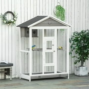 PawHut 64.5" Wooden Bird Cage Aviary, Flight Cage with 4 Perches, Nest and Slide-Out Tray for Indoor/Outdoor, Gray