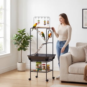PawHut 64"H Rolling Bird Stand Parrot Playstand with Seed Guard & Wheels, Ladders, Swing, Toy Hook & Bowls, for Cockatiels, Conures, Parakeets