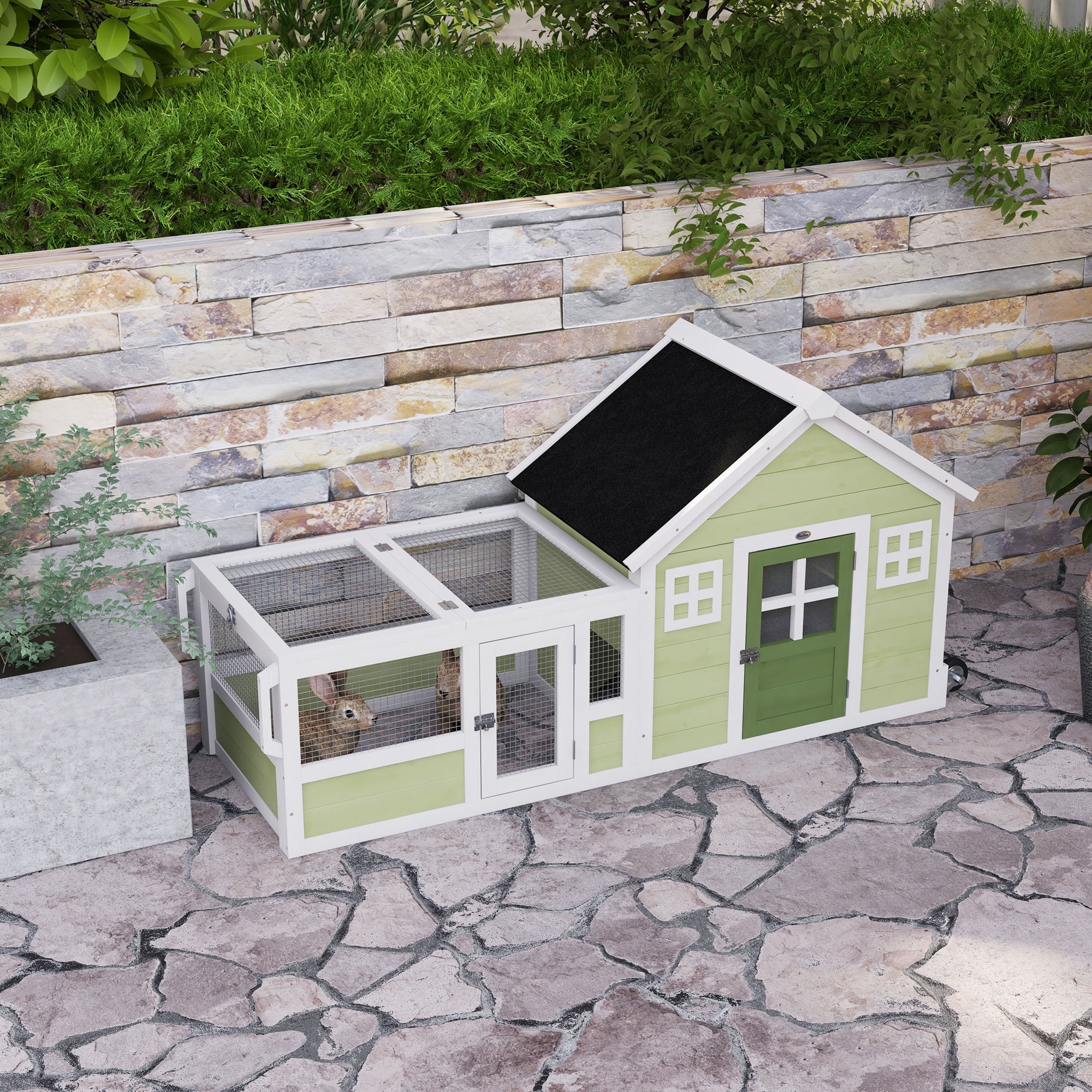 Green and White Wooden Outdoor Rabbit Hutch with Asphalt Roof