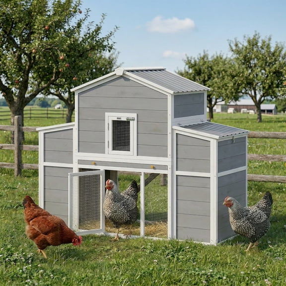 PawHut 66.5" Large Chicken Coop, Wooden Chicken House with 2 Nesting Boxes, Sliding Tray & Ramp, Water-Resistant Roof, for Backyard, Farm