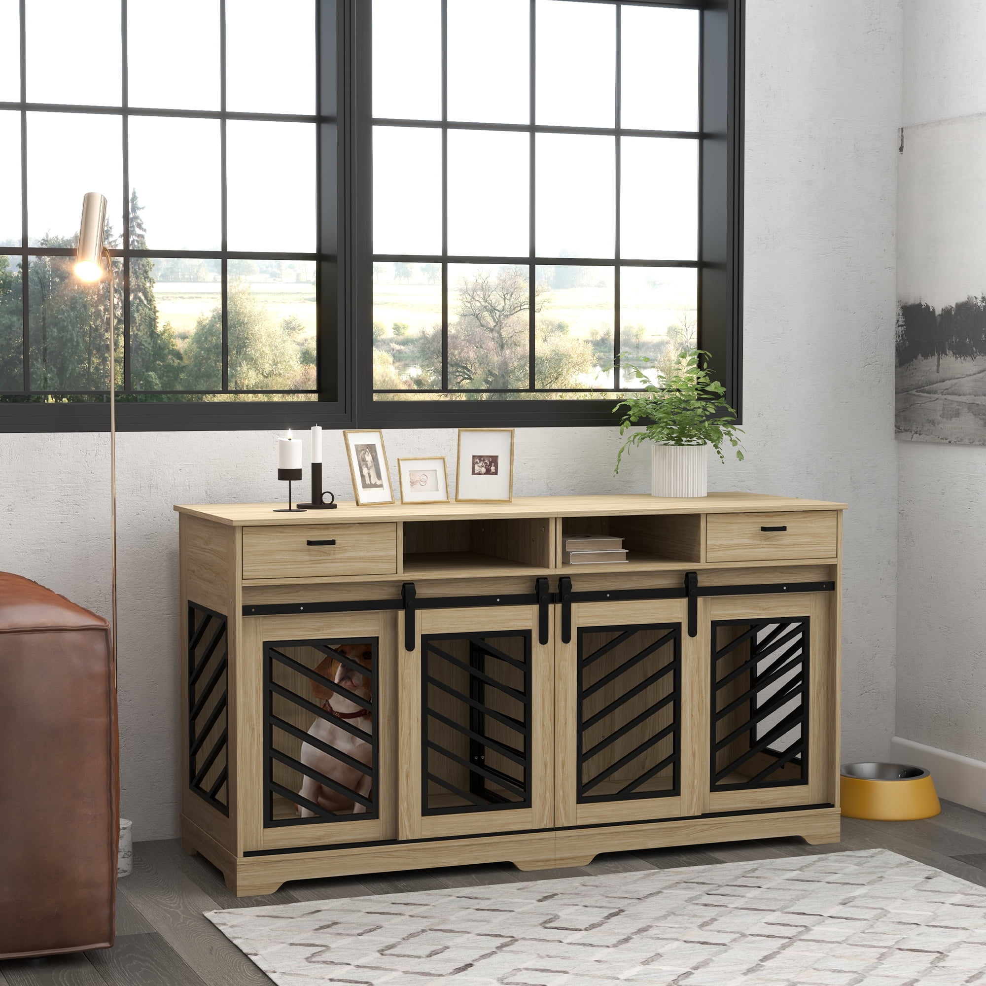 Large Natural Oak and Black Dog Crate Table with Storage