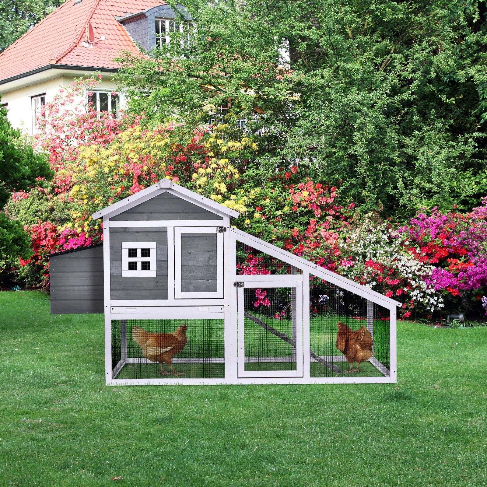 Gray and White Wooden Chicken Coop with Nesting Box and Run