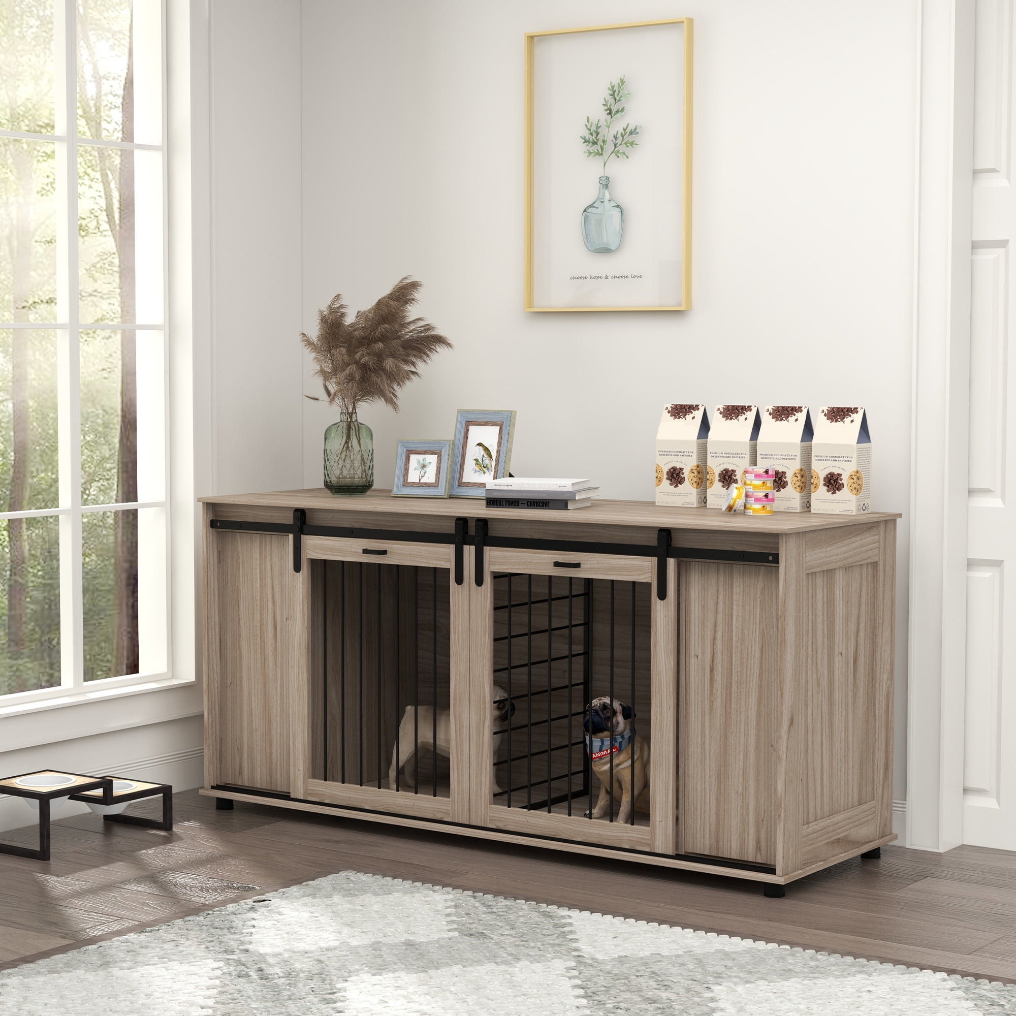 Large Brown Wooden Dog Crate Table with Storage
