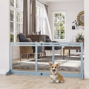 PawHut 71" W x 27.25" H Extra Wide Freestanding Pet Gate with Adjustable Length Dog, Cat, Barrier for House, Doorway, Hallway, Blue-Gray