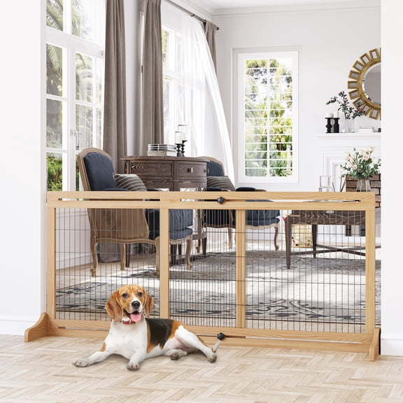 PawHut 71" Slide-Adjust Freestanding Pet Gate for Small Dogs Indoor, Retractable Wooden Puppy Dog Gate for House, Doorway, Hallway, Natural