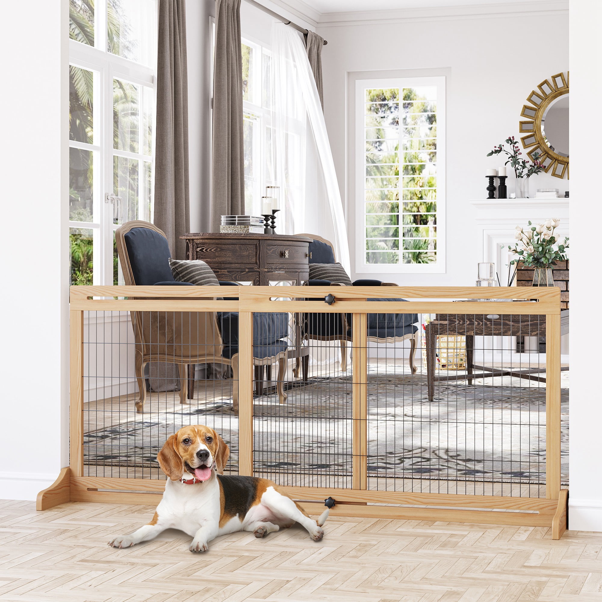 PawHut Extra Wide Freestanding Indoor Pet Gate, Large Wooden Dog and Cat  Barrier for Doorway, House, Hallway, Natural - Walmart.com, image size:2000x2000