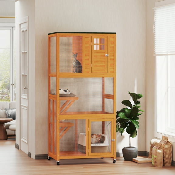 PawHut 74" Wooden Outdoor Cat House Catio Outdoor Cat Enclosure, Orange