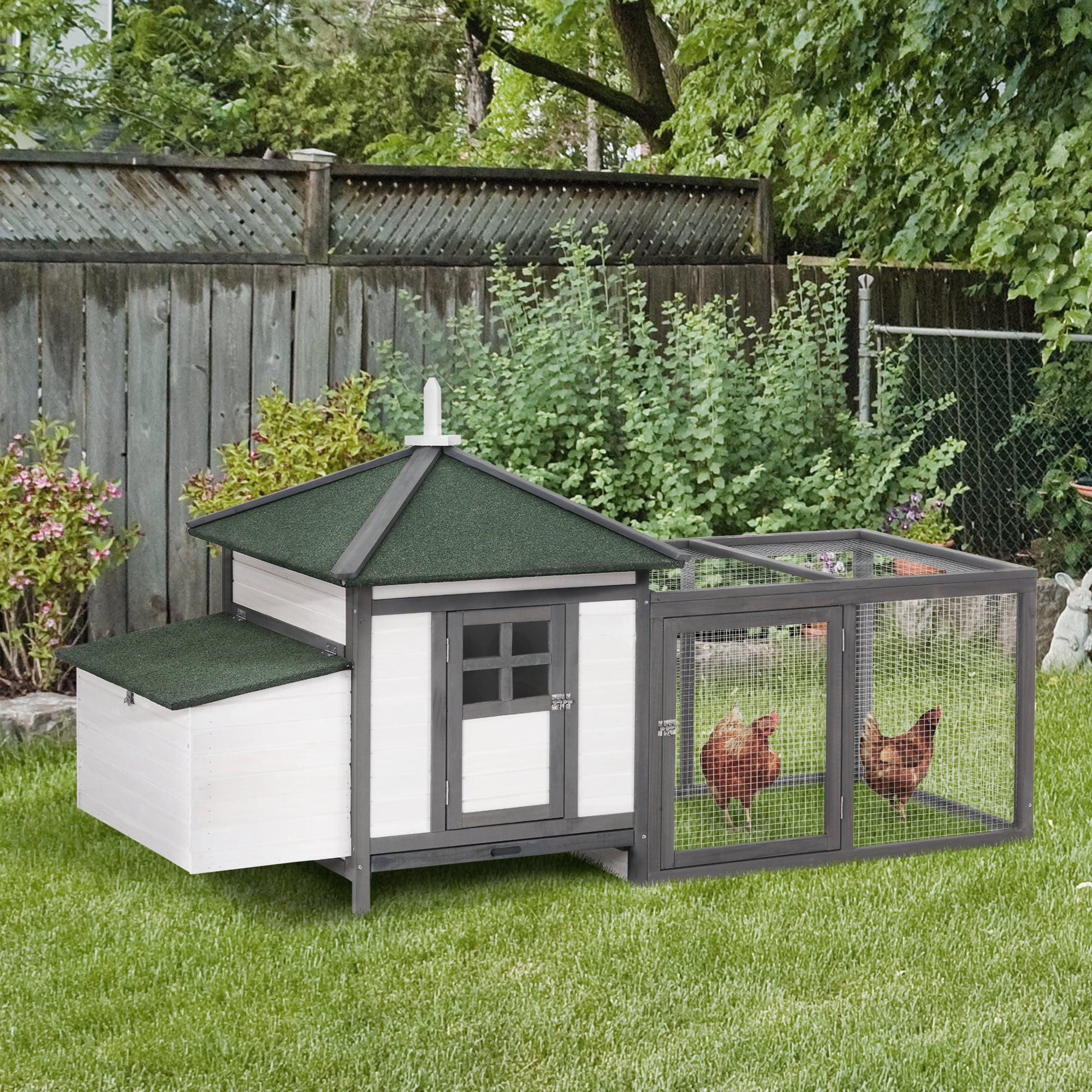 Gray Wooden Chicken Coop with Nesting Box and Run