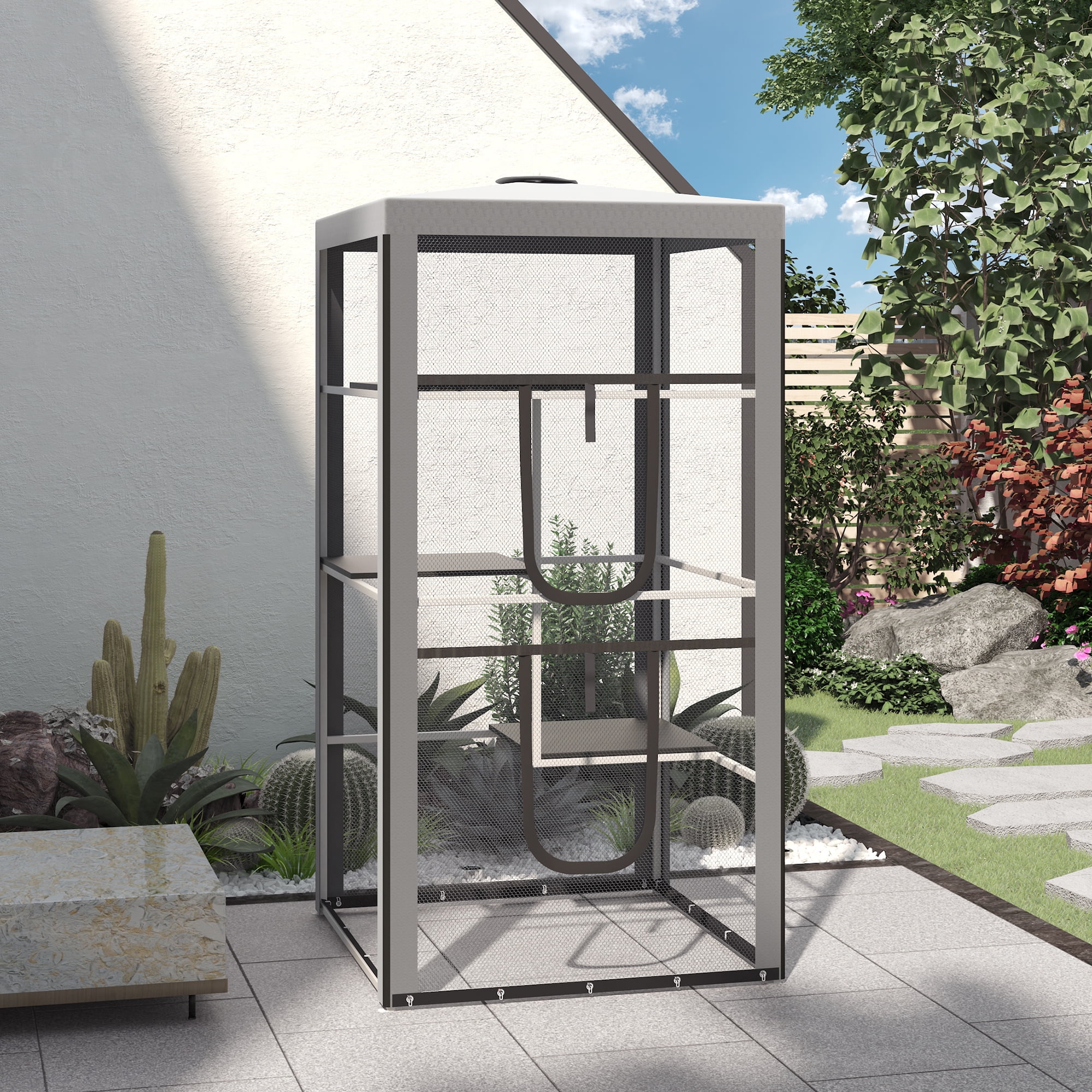 Tall Gray Metal Outdoor Cat Enclosure with Platforms